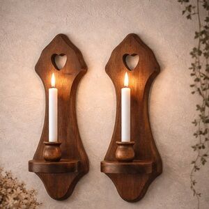 Vintage Wooden Heart Wall Sconces Candle Holders, 15” Tall, Brown, Set of 2